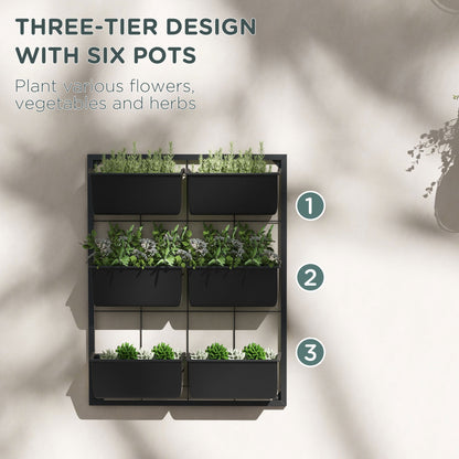 3-Tier Wall Planter with 6 Pots for Indoor and Outdoor Use, Hanging Plant Holder, Self Draining Wall Mounted Planter