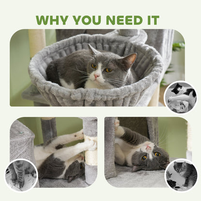 81" Large Cat Tree w/ Scratching Posts, Condos, Beds, Hammocks, Jumping Platforms, Toy Balls, Rope Cat Toy, Beige