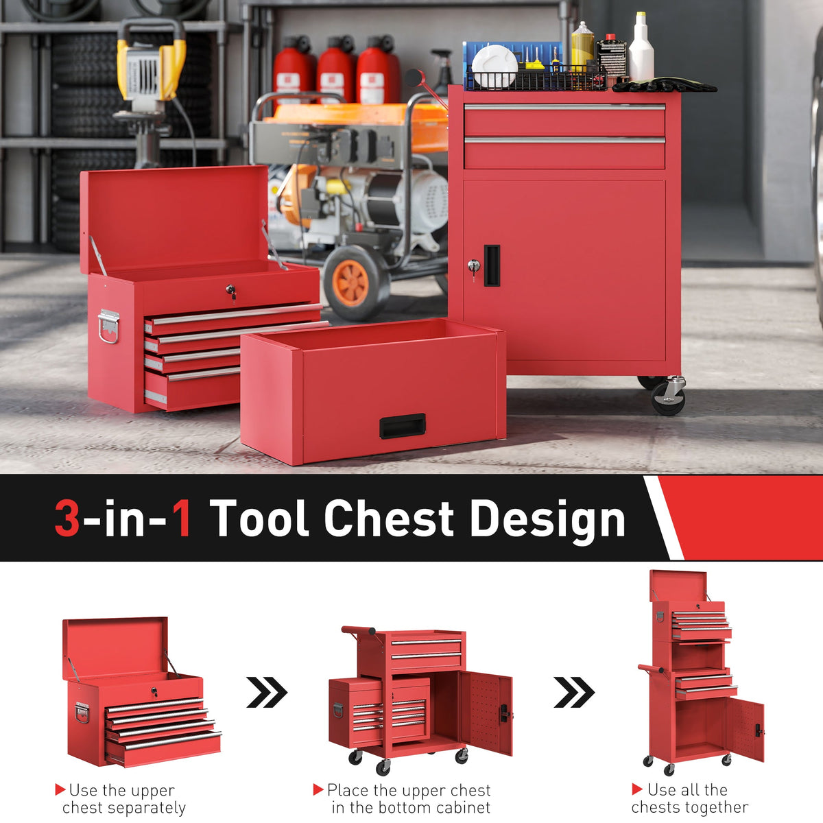 Large Tool Cabinet, 3-in-1 Rolling Tool Chest, Detachable Tool Storage Organizer with 6 Drawers and Pegboard, Black