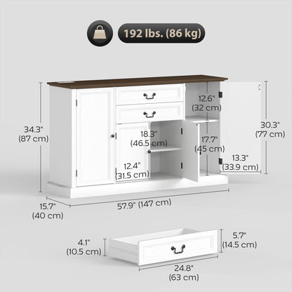 Farmhouse Sideboard with Charging Station and Thickened Top, 58" Buffet Cabinet with 2 Soft-Close Drawers, Black