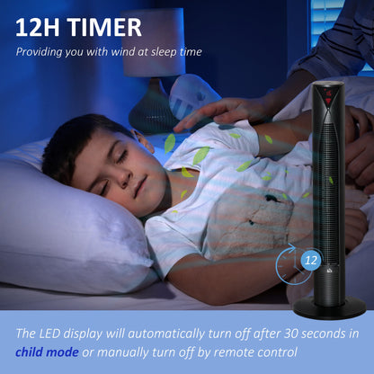 Freestanding Tower Fan Cooling for Home Bedroom with 3 Speed, 12h Timer, Oscillating, LED Sensor Panel, Remote Controller, Black