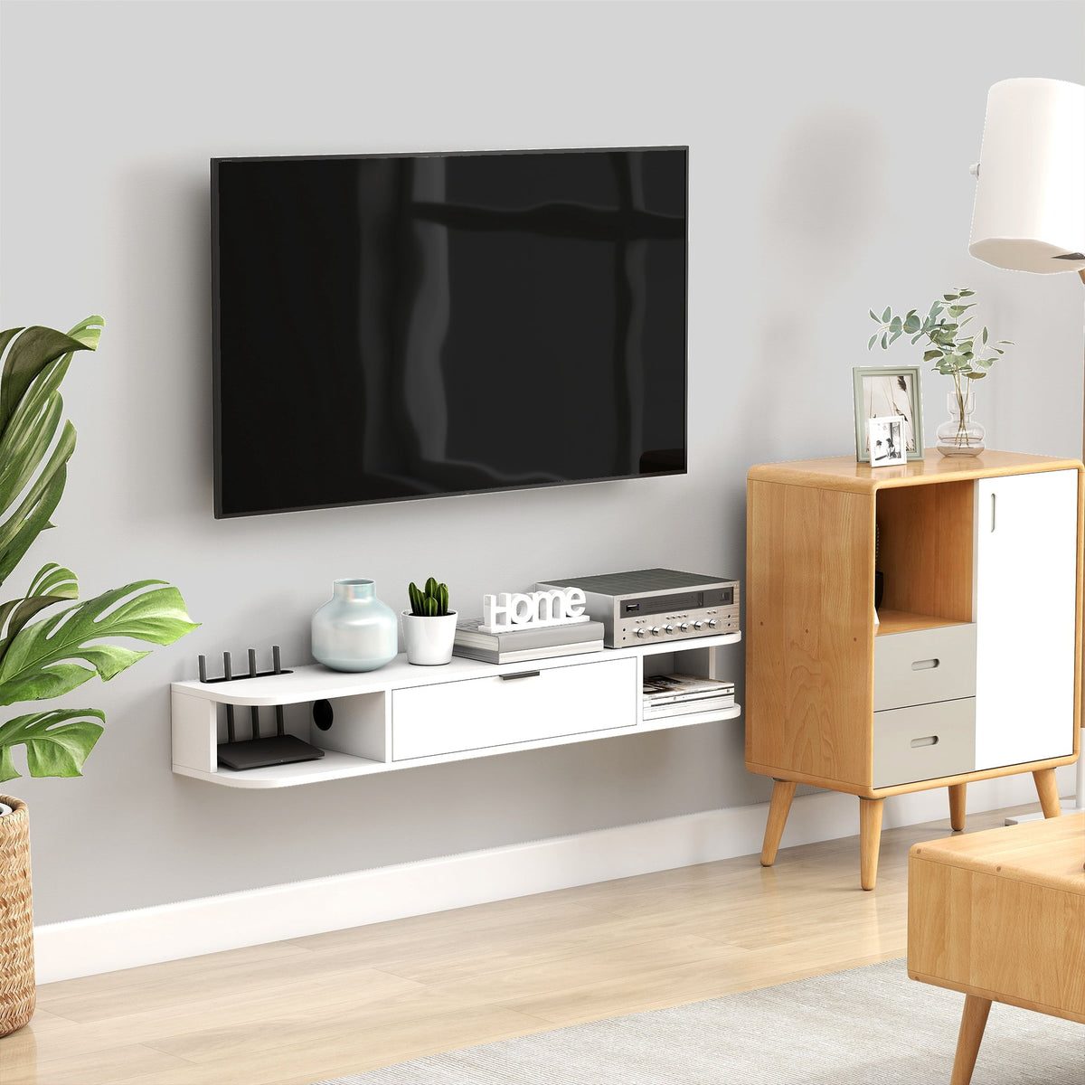 47" Floating TV Stand for TVs up to 50 Inch, Wall Mounted Media Console with Flip Drawer and 2 Open Shelves, Walnut
