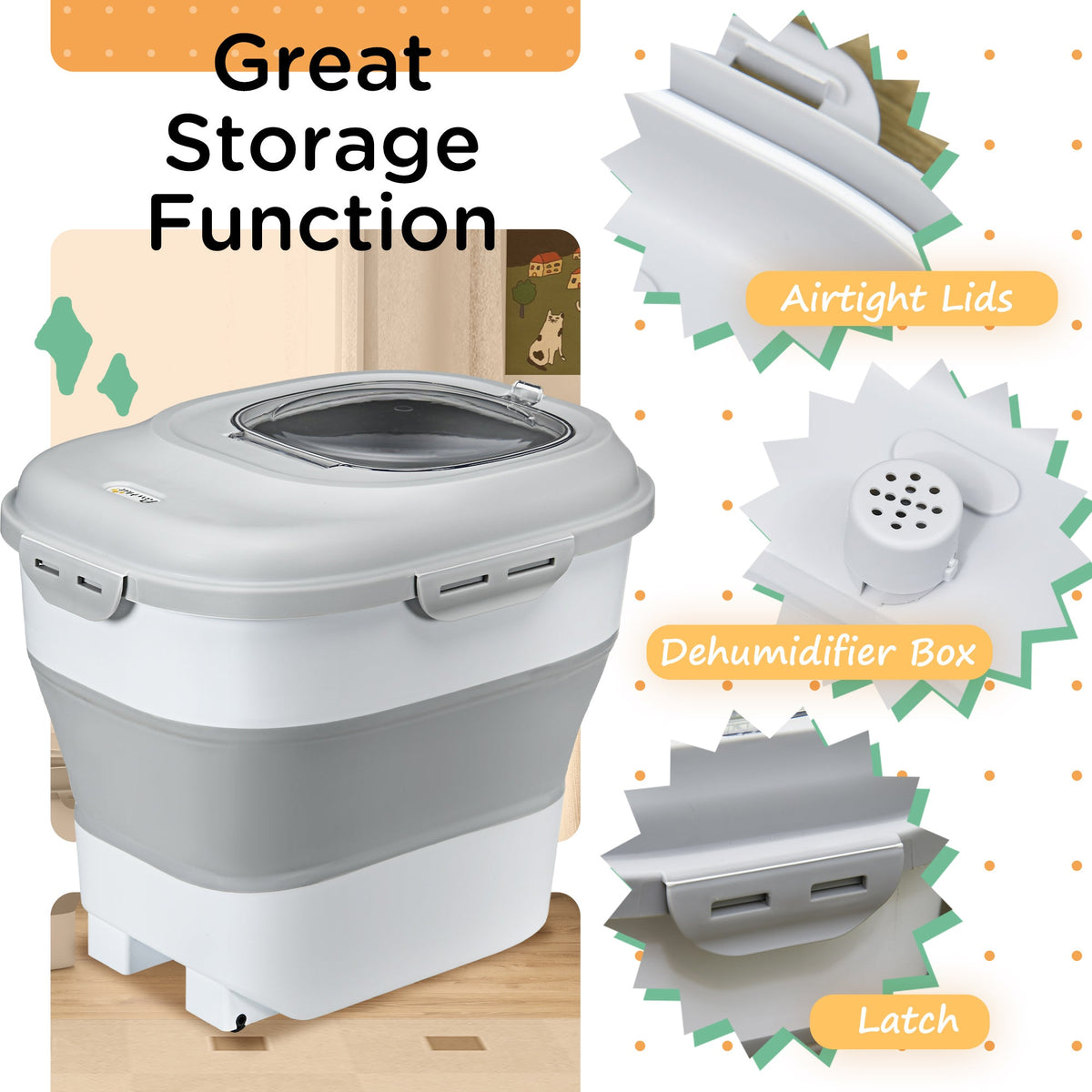 6-30lb Dog Food Storage Container Collapsible Design with Airtight Lids, Rolling Wheels, Cup, Bowl, Spoon, Grey