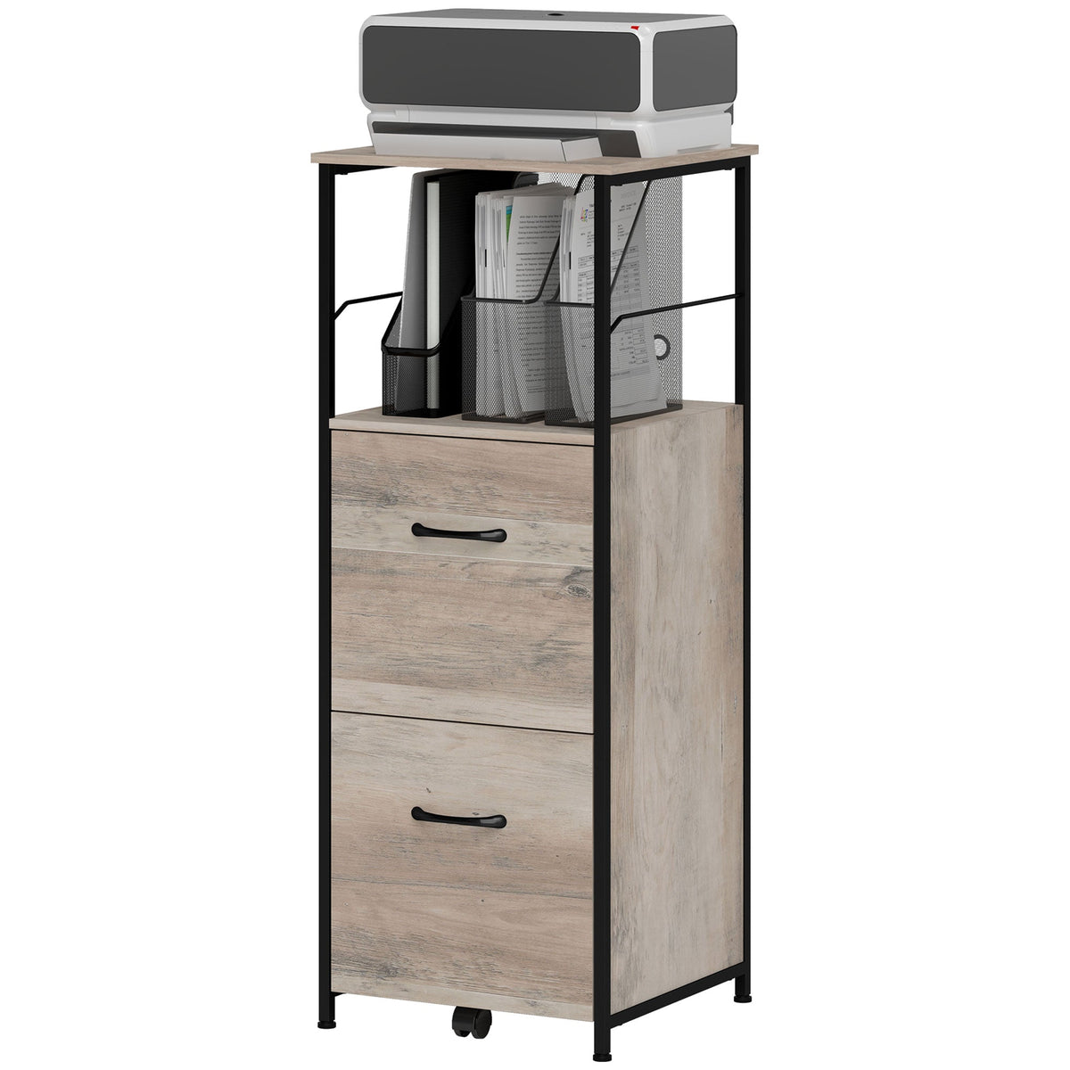 Vertical Filing Cabinet, Tall File Cabinet with 2 Drawers, Hanging Bars for Letter and A4 Size, Rustic Brown