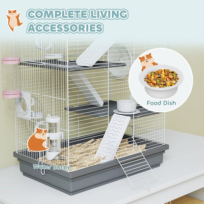 4-Level Large Hamster Cage with DIY Tubes, Water Bottle, Food Dish, Hut, Exercise Wheels, Grey