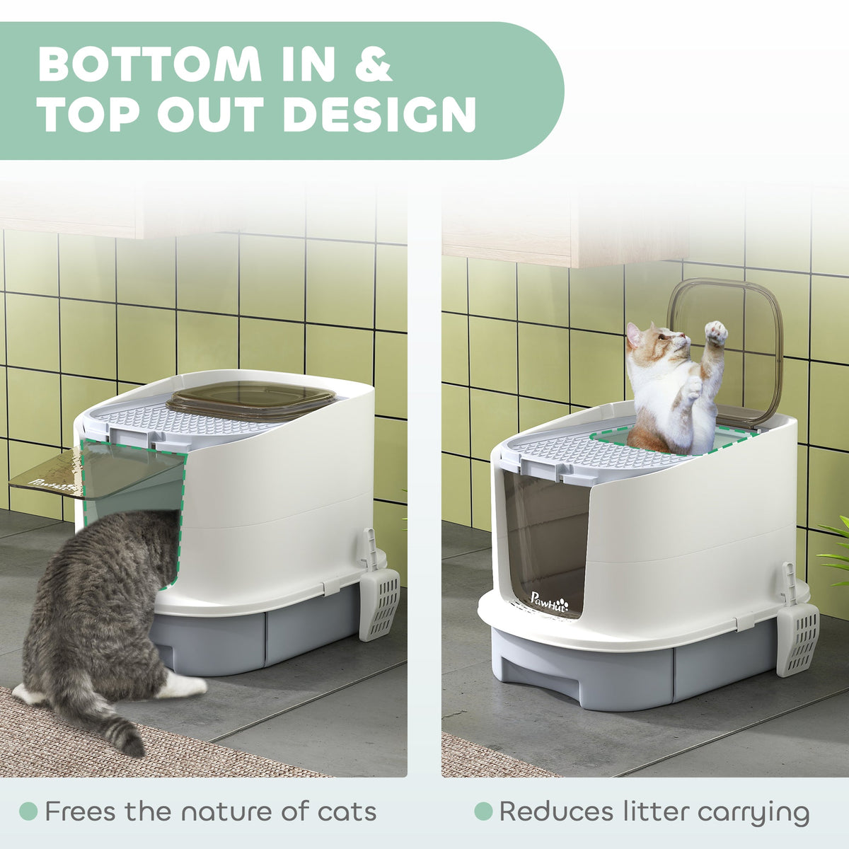 Enclosed Cat Litter Box with Lid, Scoop, Top Entry, Deodorization Bags, Drawer Type Cat Litter Tray, Easy to Clean, Green