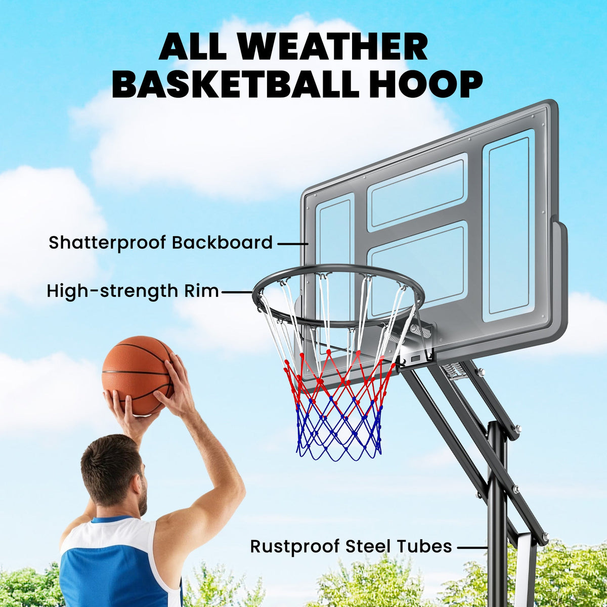 Basketball Hoop, 7.7 FT to 10 FT Adjustable, Portable Basketball Goal with 43'' Shatterproof Backboard,Fillable Base