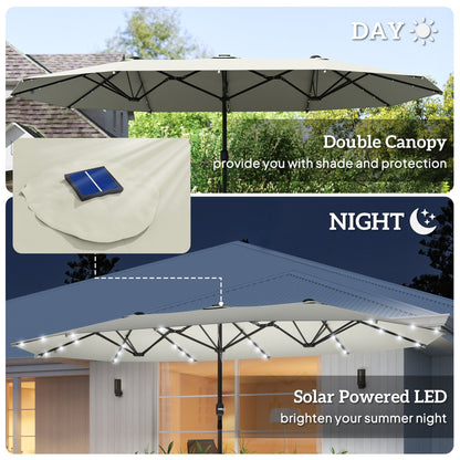 174" Double-Sided Sun Umbrella Garden Parasol Patio Sun Shade Outdoor with LED Solar Light, Khaki