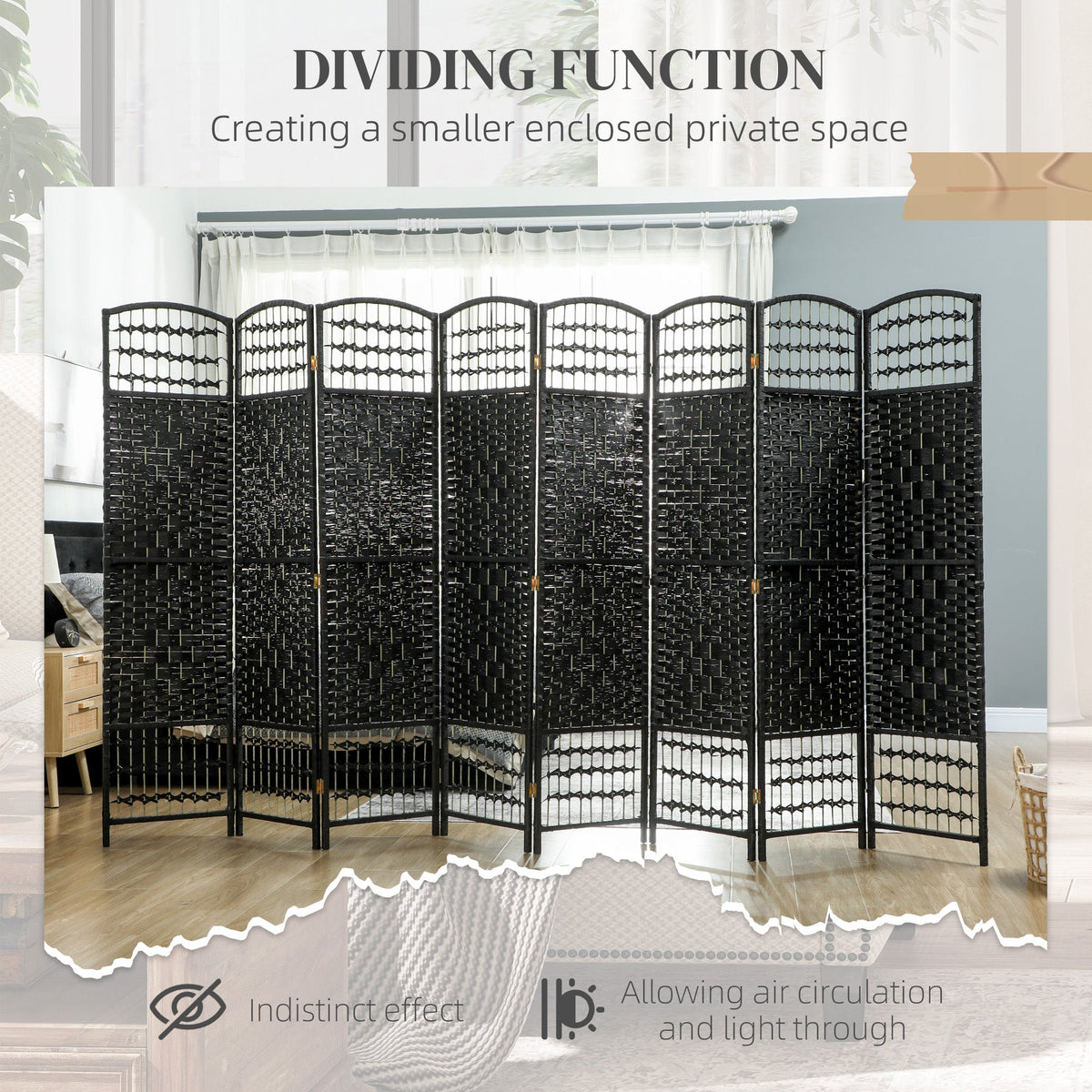 4 Panel Folding Room Divider, Portable Privacy Screen, Wave Fiber Room Partition for Home Office, Black