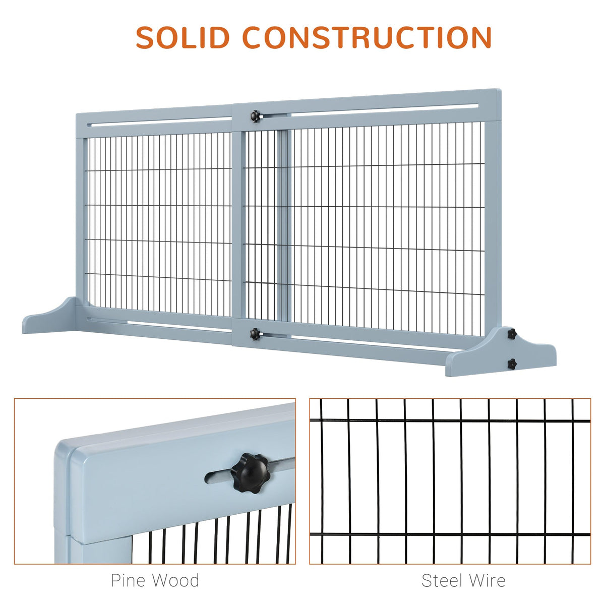 41"-71" Wooden Freestanding Pet Gate with Support Feet, for Small Medium Dogs, Grey-Blue