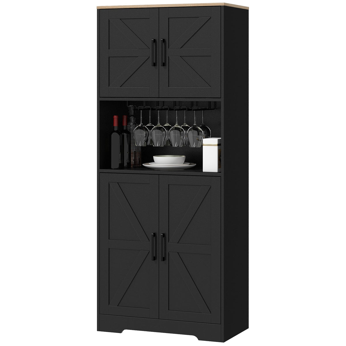 Farmhouse Kitchen Pantry, 68" Freestanding Hutch Storage Cabinet with Microwave Oven Countertop, Black