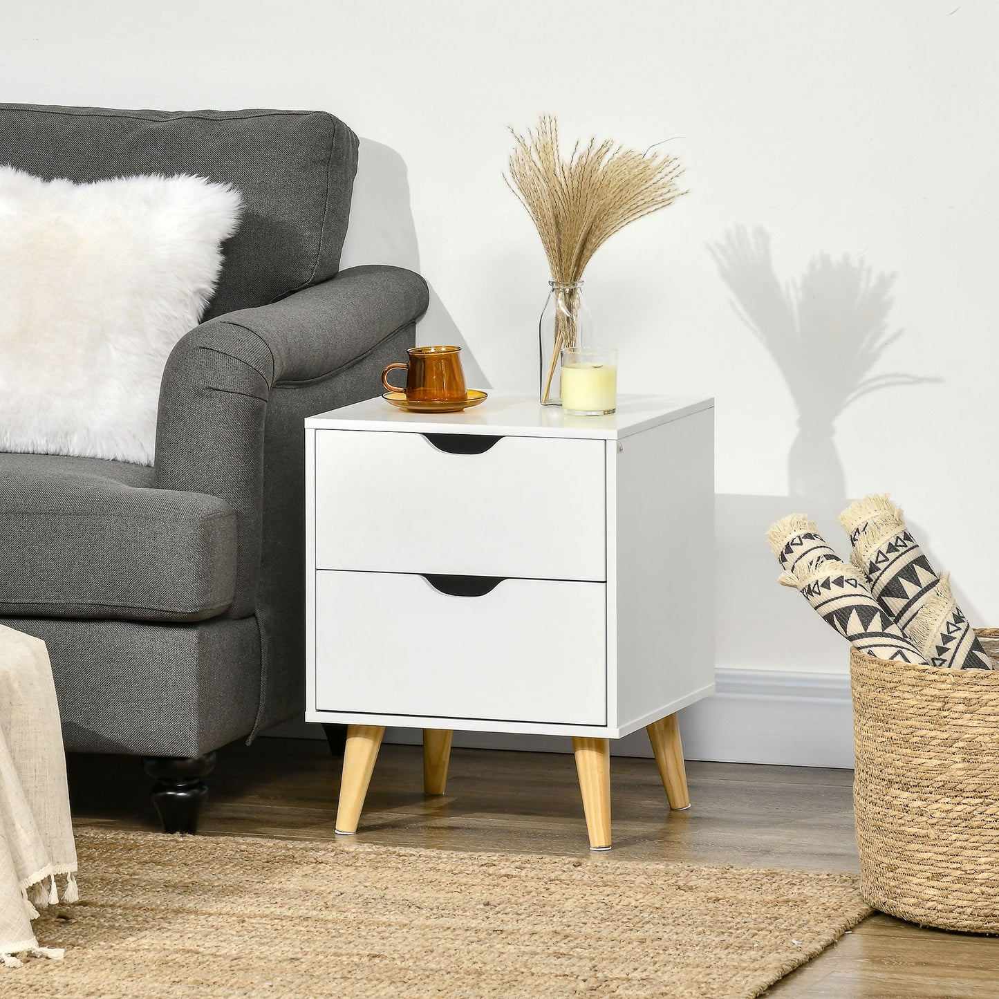 Jesse Nightstand with 2 Drawers and Pine Wood Legs-White