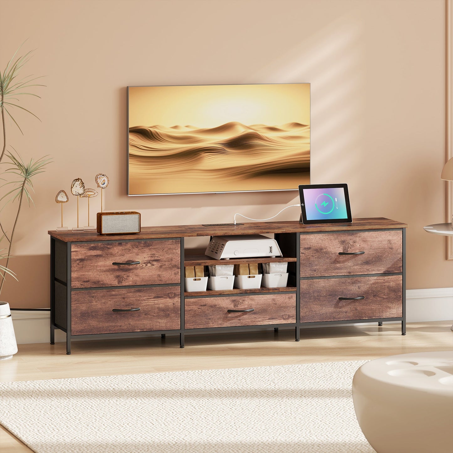 Jamie TV Stand with Charging Station for TVs up to 70 Inches-Rustic Brown