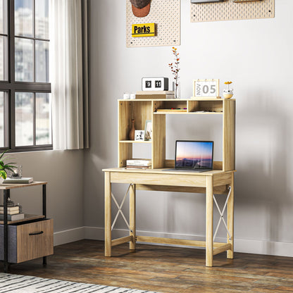 Computer Desk with Hutch, Home Office Table with Storage Shelves and Open Compartments for Writing, Work, Brown