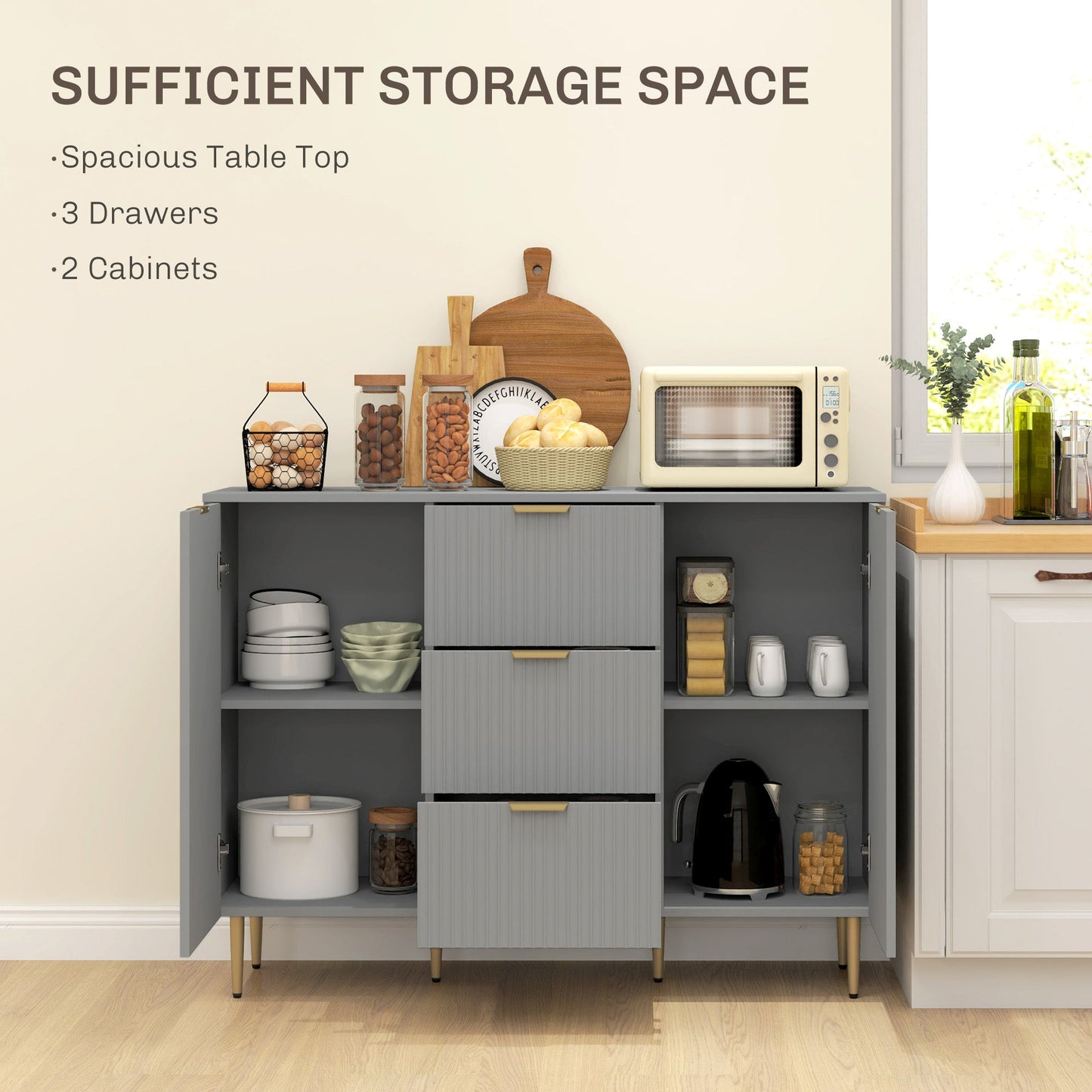 Ellis Modern Kitchen Buffet/Hallway Cabinet with 3 Drawers-Grey