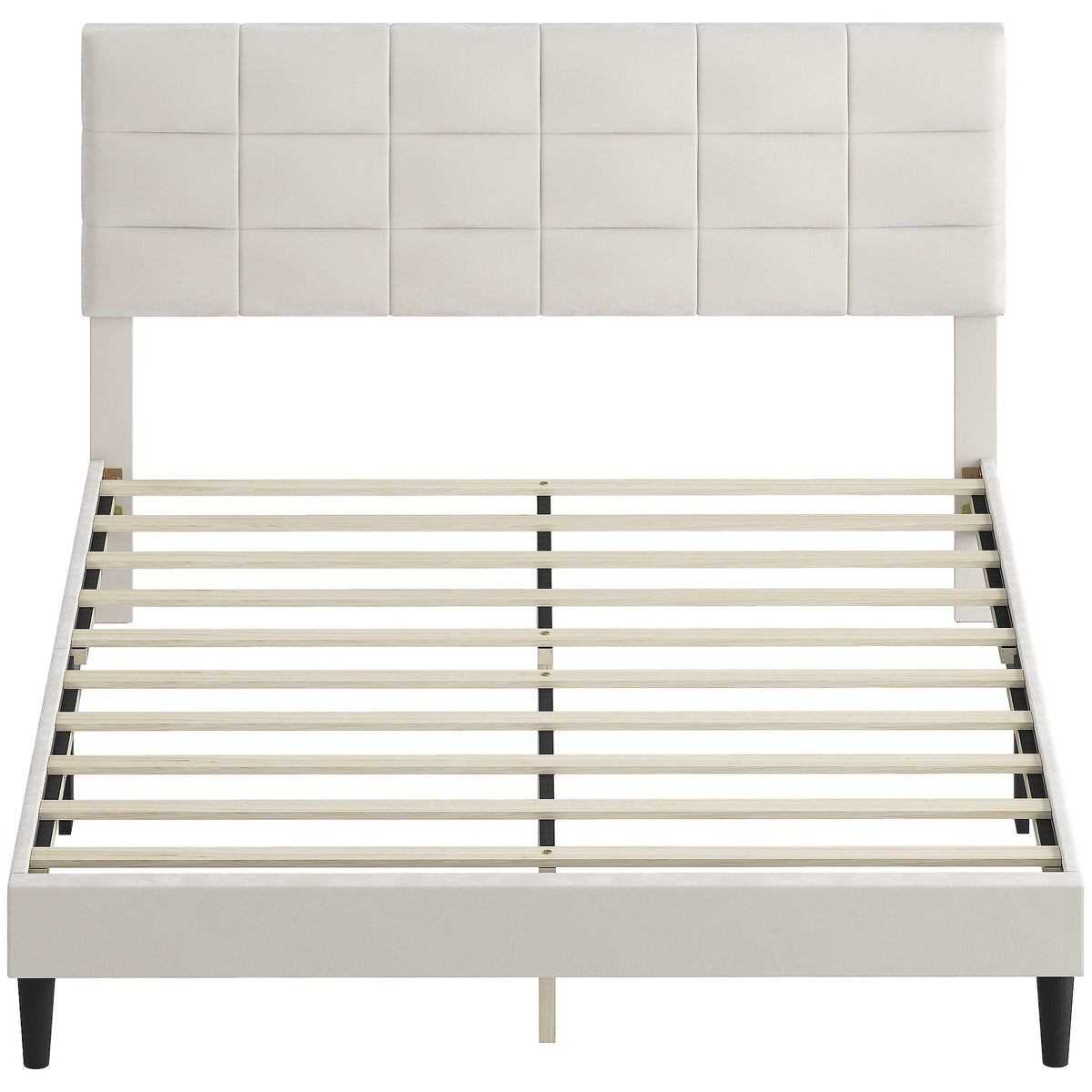 Queen Size Bed Frame with Upholstered Headboard, Modern Platform Bed Frame with Wood Slats, 1100 lbs Capacity, Cream