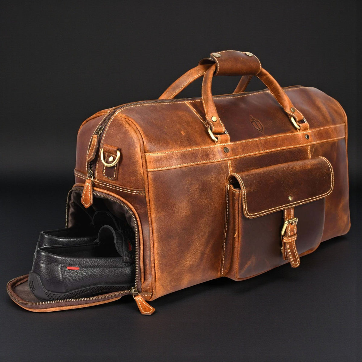 The Voyager Duffle - Cognac Full-Grain Distressed Leather Duffle Bag