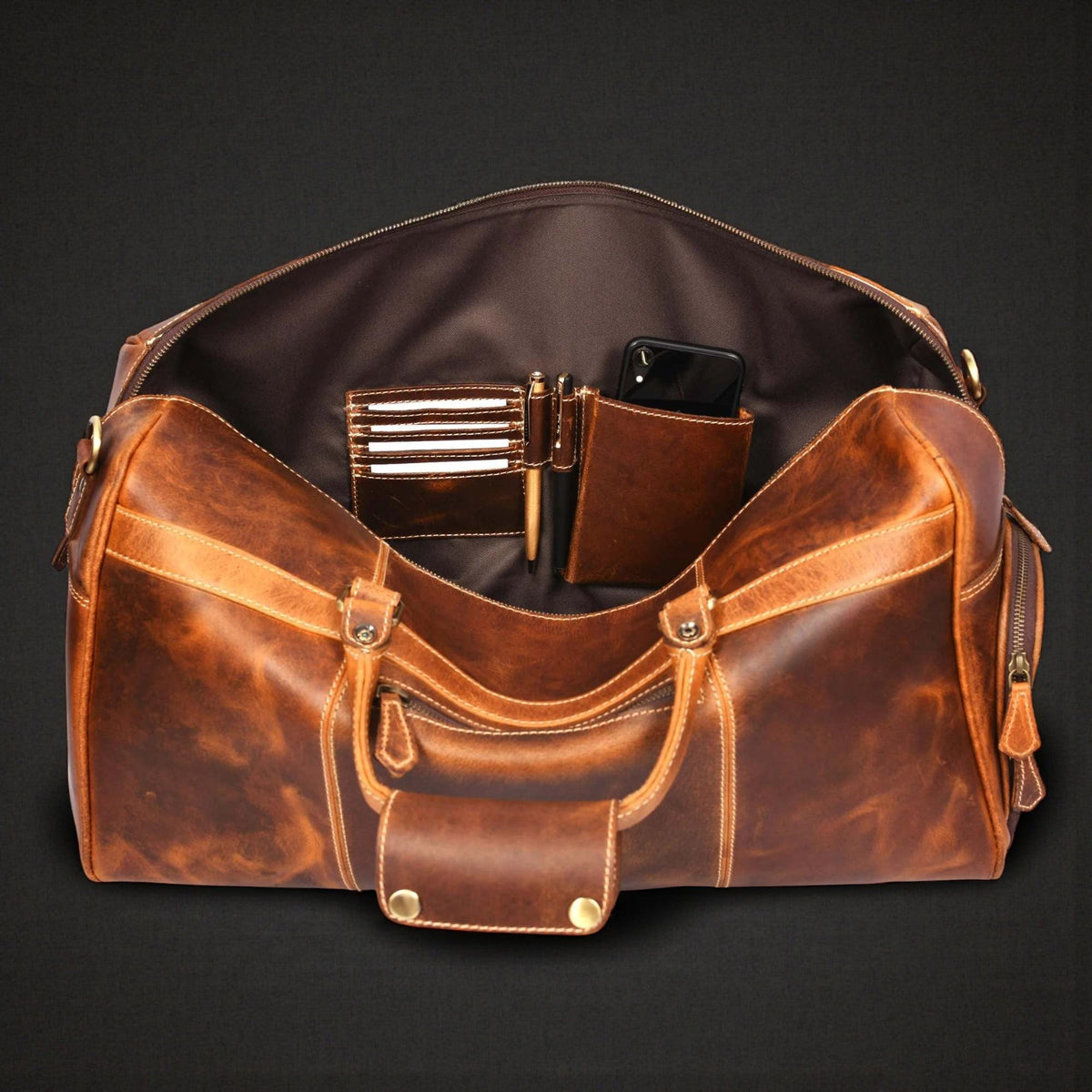 The Voyager Duffle - Cognac Full-Grain Distressed Leather Duffle Bag