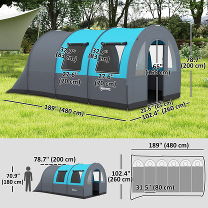 3 Person Camping Tent with Living Room and Bedroom, 3000mm Waterproof Tunnel Large Family Tent, Grey and Blue