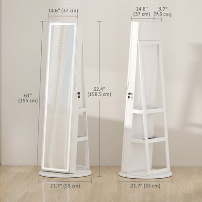 Jewelry Cabinet with Full Length Lockable Mirror, Standing Jewelry Armoire Organizer with LEDs, White