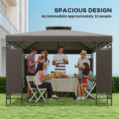 10 x 10 FT Canopy Gazebo, Double Roof Patio Gazebo with Screen Panels and Metal Frame for Deck, Backyard, Khaki
