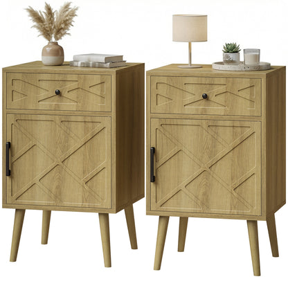 Nightstand Set of 2, Bedside Table Set with Drawer and Cabinet, Side End Table with Storage for Living Room, Oak