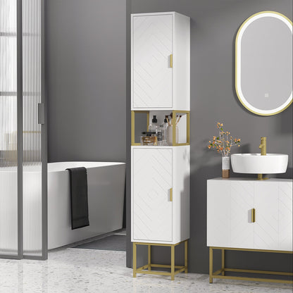 Tall Bathroom Storage Cabinet, Modern Narrow Bathroom Cabinet with Diamond Chevron Pattern and Adjustable Shelf, Black