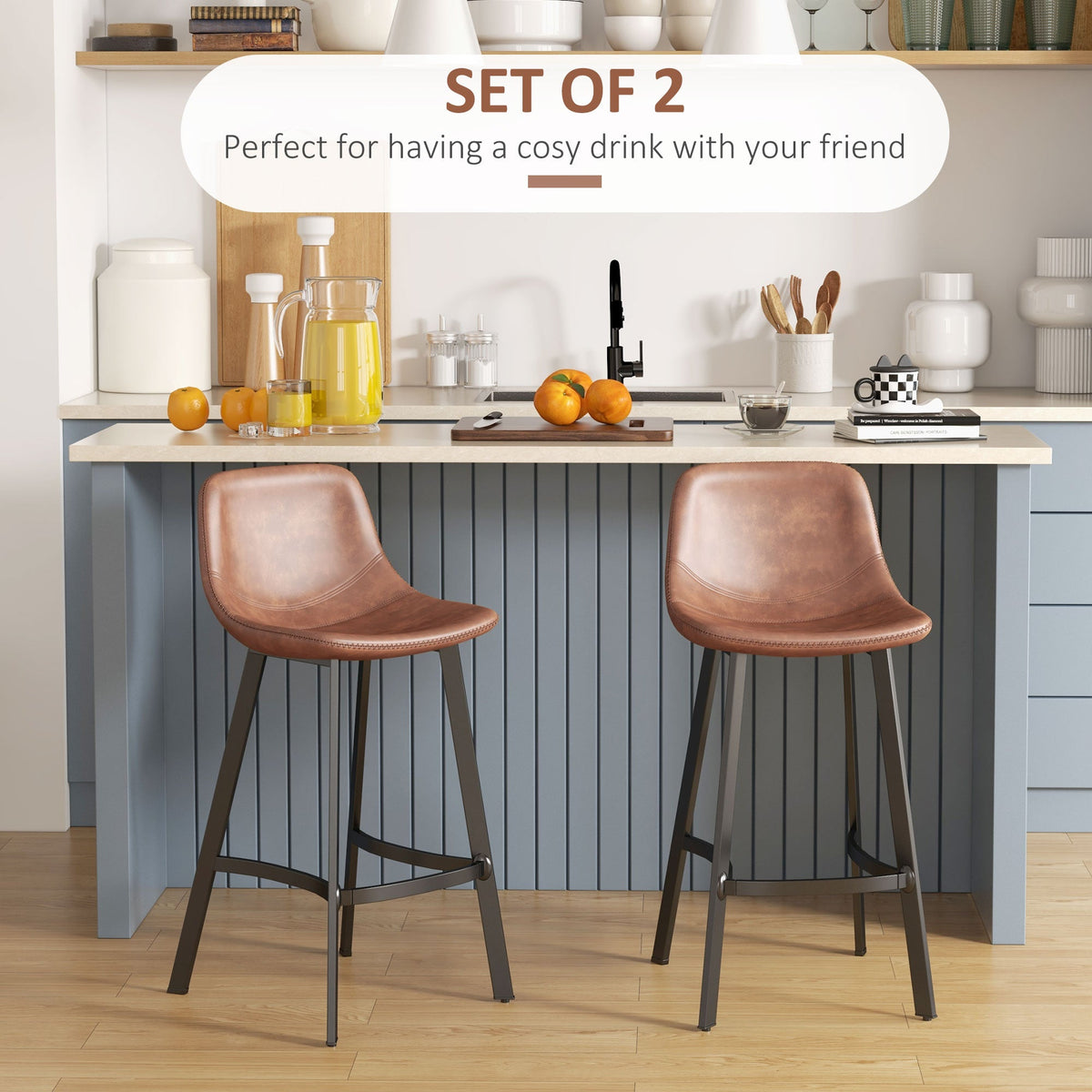 Andre Counter Height Stools with  Backrest and Steel Legs-Set of 2-Brown