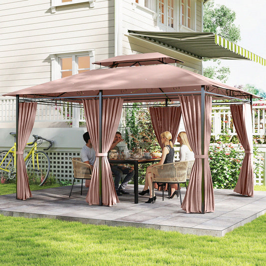 10' x 13' Patio Gazebo, Outdoor 2-Tiers Garden Canopy Yard Sunshade Shelter with Curtains, Khaki