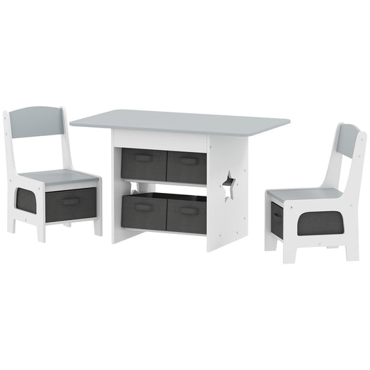 3 Piece Kids Table and Chair Set with 6 Removable Drawers, for Classroom, Living Room, Bedroom, Nursery, Light Grey