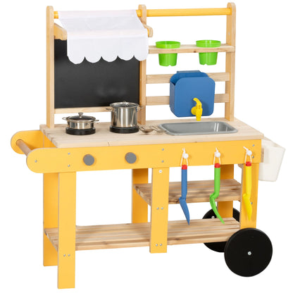 Mud Kitchen for Kids Outdoor with Wheels, Wooden Play Kitchen with Sink, Storage, Planting Pots, Blackboard, Yellow