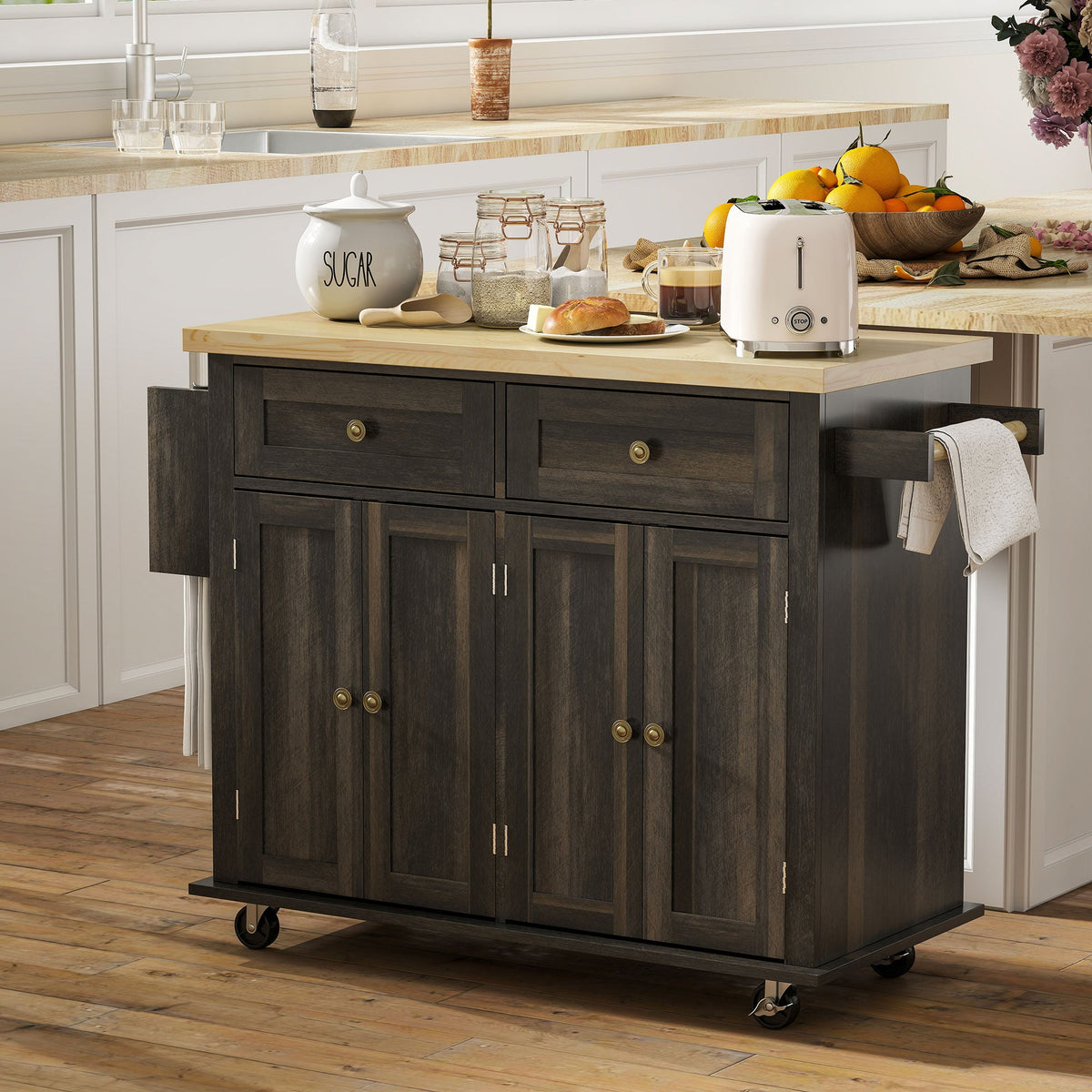 Kitchen Island with Storage, Rolling Trolley Cart with Rubber Wood Top, Spice Rack, Towel Rack, Brown Oak