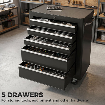 5-Drawer Rolling Tool Cabinet on Wheels, Lockable Tool Chest, Tool Organizer for Garage, Factory and Workshop, Black
