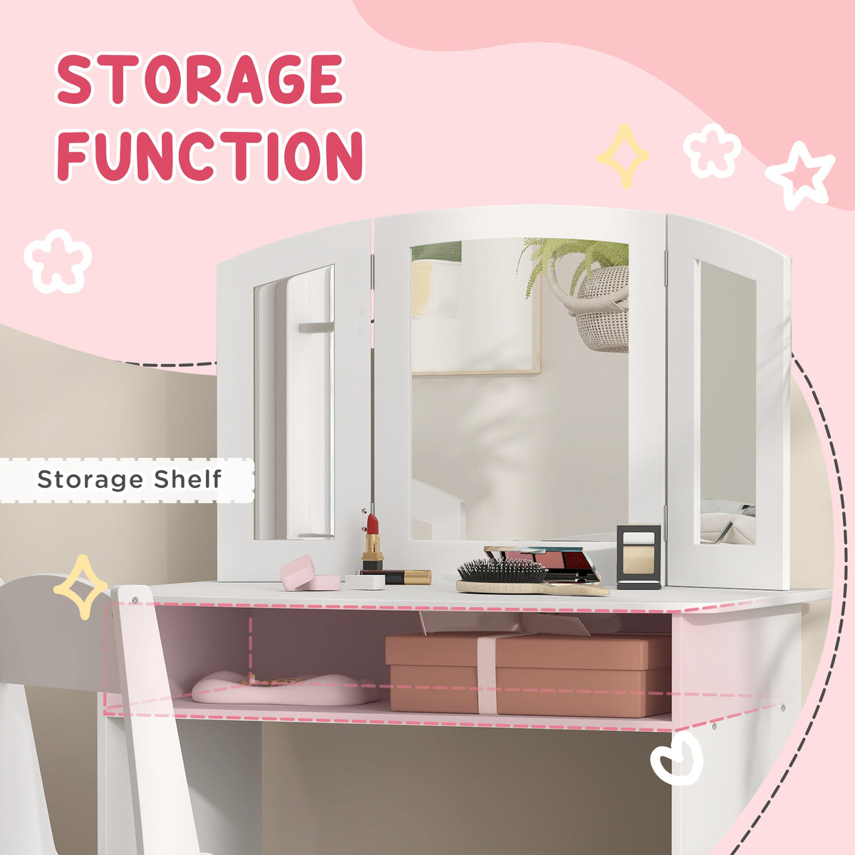 2 in 1 Kids Vanity Set Makeup Dressing Table Pretend Play Set with Tri-Folding Mirror, Stool, Storage Shelf