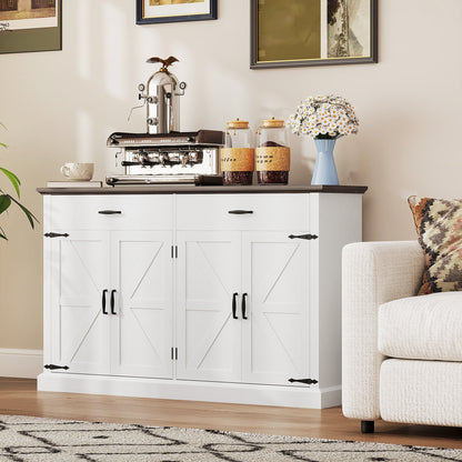 30" Buffet Cabinet, Farmhouse Sideboard with 1.2" Thick Top, 2 Barn Doors, Drawer and Adjustable Shelf, White