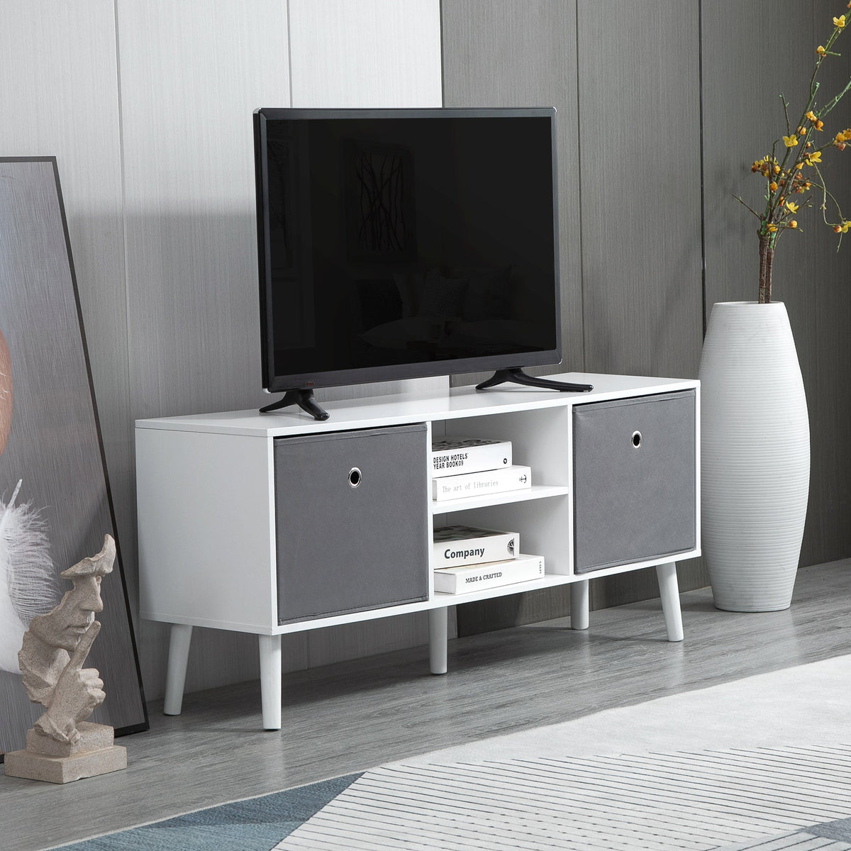 Modern TV Stand Cabinet with Foldable Drawers and Shelves for Living Room, Bedroom, White