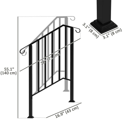 2-3 Step Handrails for Outdoor Steps, Metal Outdoor Stair Railing, Porch Deck Railing with Installation Kit, Black