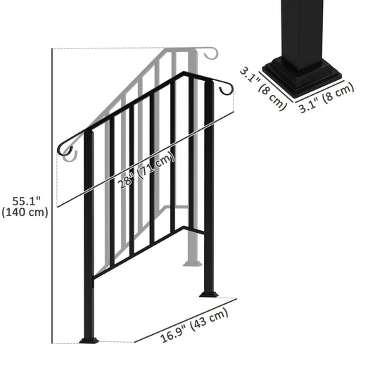 2-3 Step Handrails for Outdoor Steps, Metal Outdoor Stair Railing, Porch Deck Railing with Installation Kit, Black