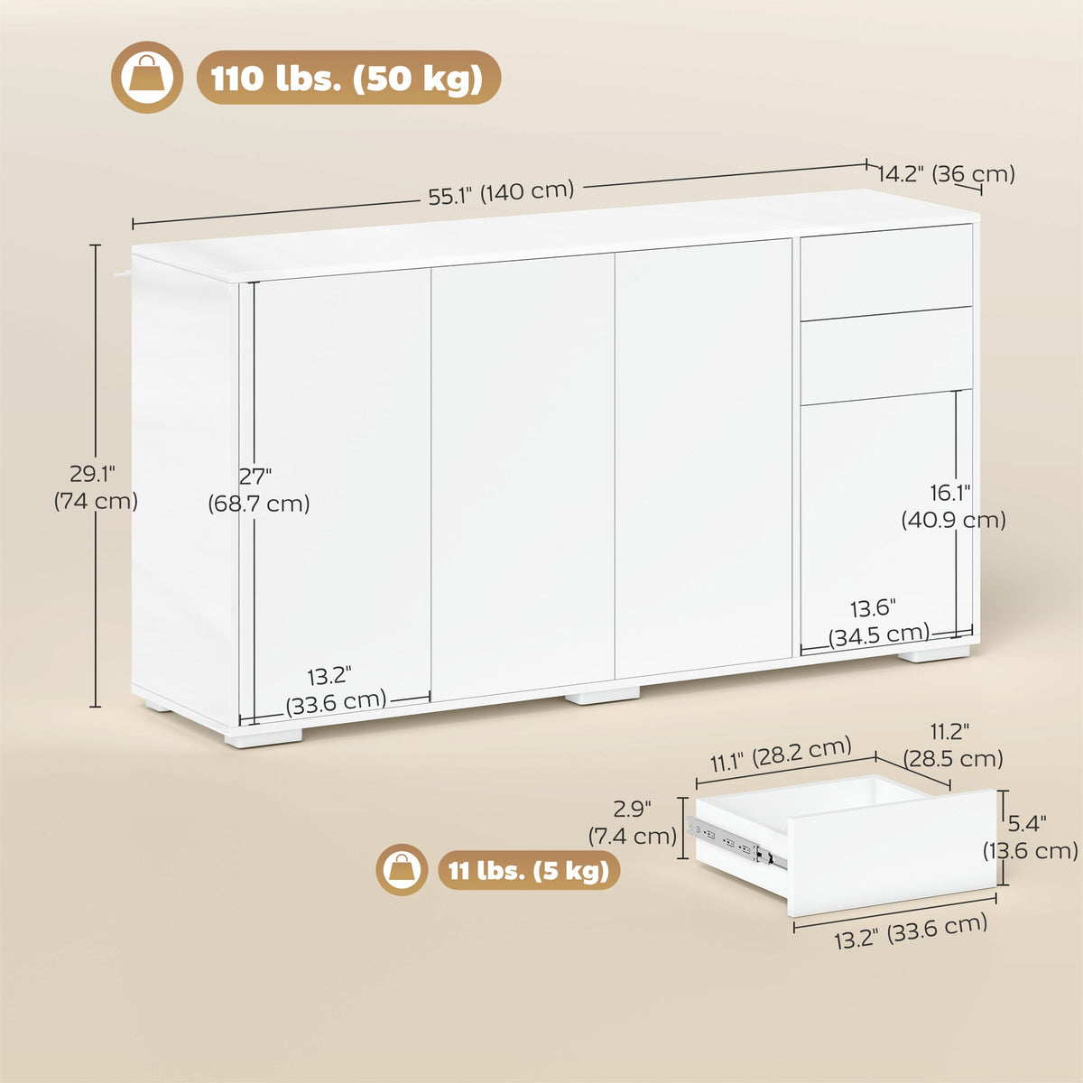 Kitchen Sideboard Storage Cabinet, Modern Coffee Bar with Push-Open Design and 2 Drawers for Living Room, White