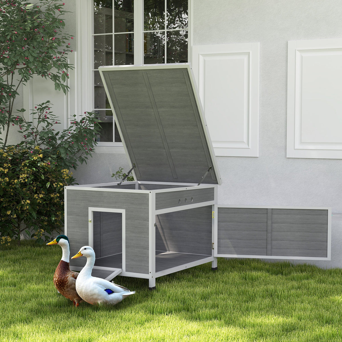 Duck Coop, Wooden Chicken House Rabbit Hutch with Openable Roof, Removable Floor, Double Doors, Ramp, Grey