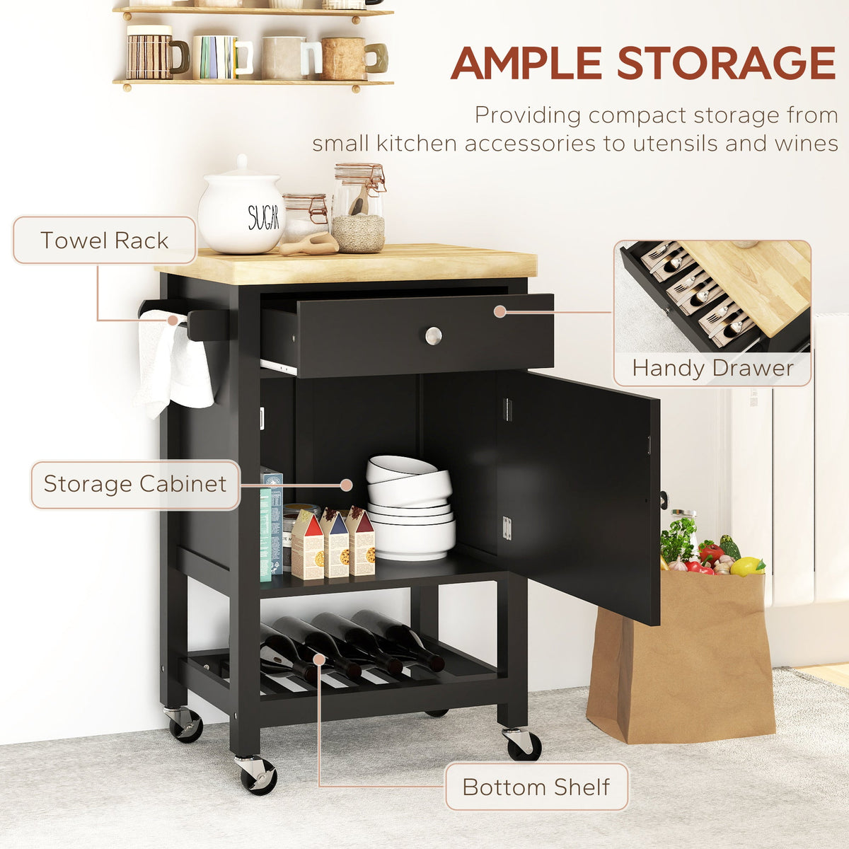 Kitchen Cart on Wheels, Rolling Kitchen Island Cart with Wood Top, Towel Rack, Drawer and Shelf for Dining Area, Grey