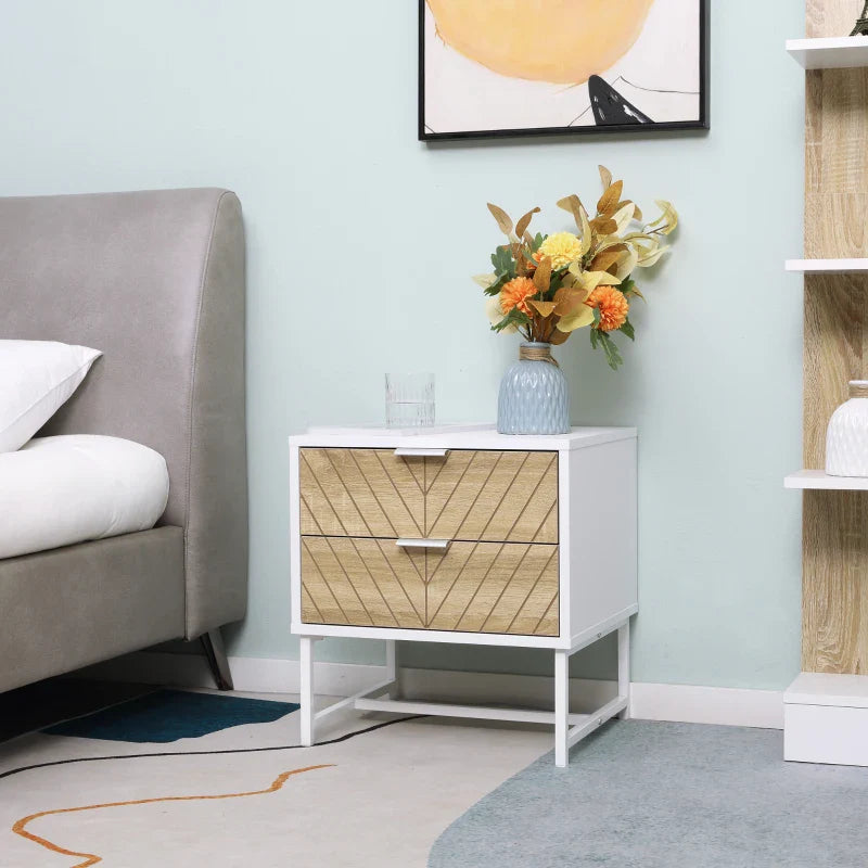 Emery Modern Bedside Table with 2 Drawers and Steel Legs-White/Oak