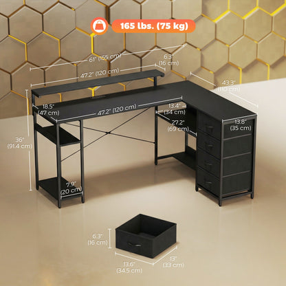 Gaming Desk with Power Outlets LED Lights Computer Desk with Drawers Monitor Stand 61" Black