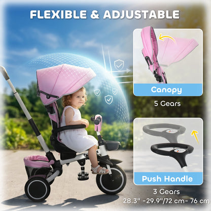 Tricycle for Toddler 6-in-1 Kids Trike, Foldable Converts Stroller to Baby Push Bike, Adjustable Backrest with Detachable Guardrail & Handle, Brake for 1-4 Years Old, Grey