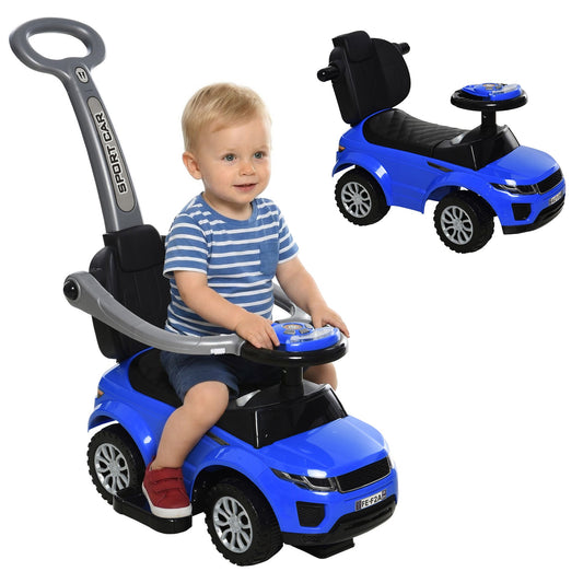 3 in 1 Kid Ride on Push Car, Toddlers Sliding Walking Car, with Horn, Music, Light, Parent Control Handle, Secure Bar, Under Seat Storage, for Boy Girl 18-36 Months, Blue