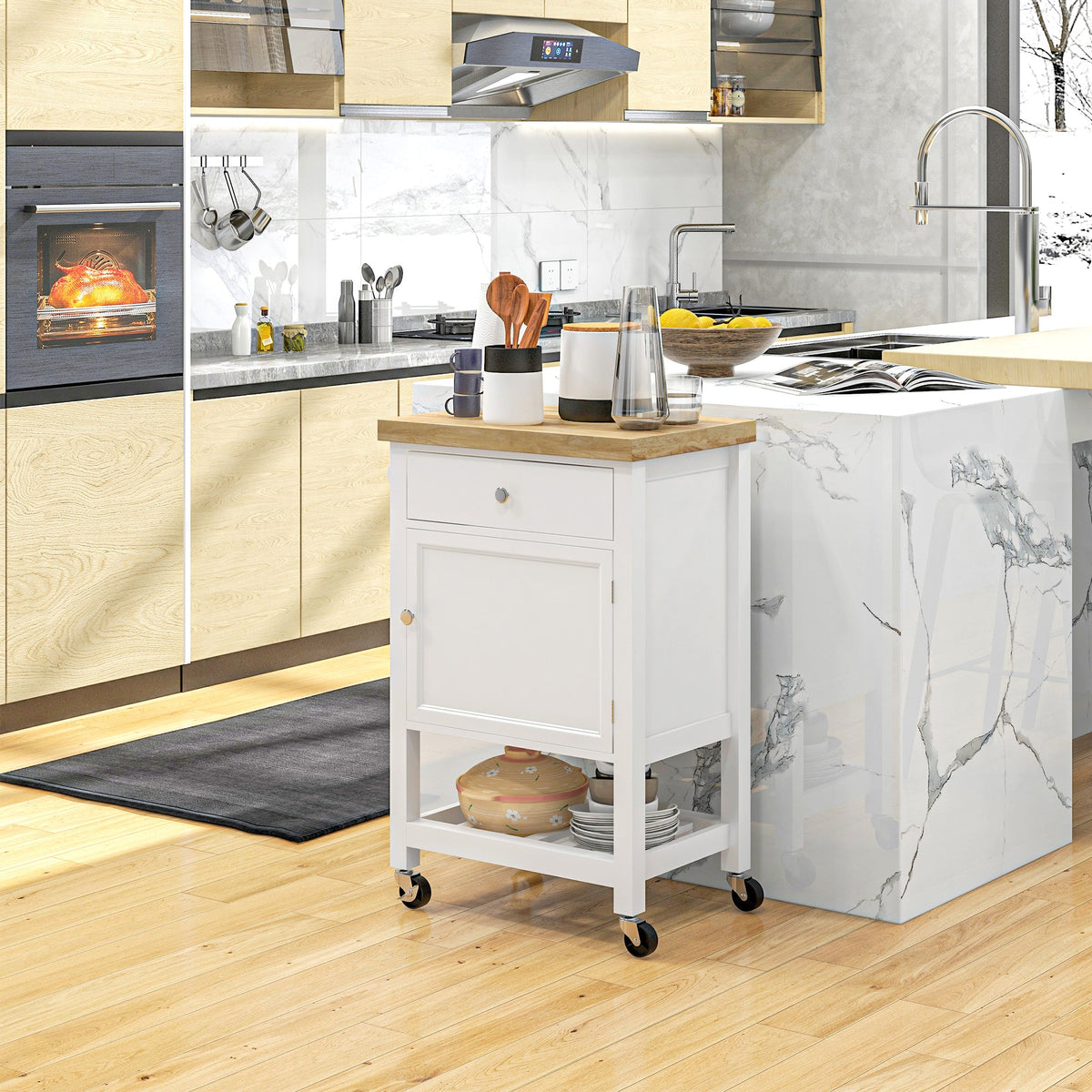 Kitchen Cart on Wheels, Rolling Kitchen Island Cart with Wood Top, Towel Rack, Drawer and Shelf for Dining Area, Grey