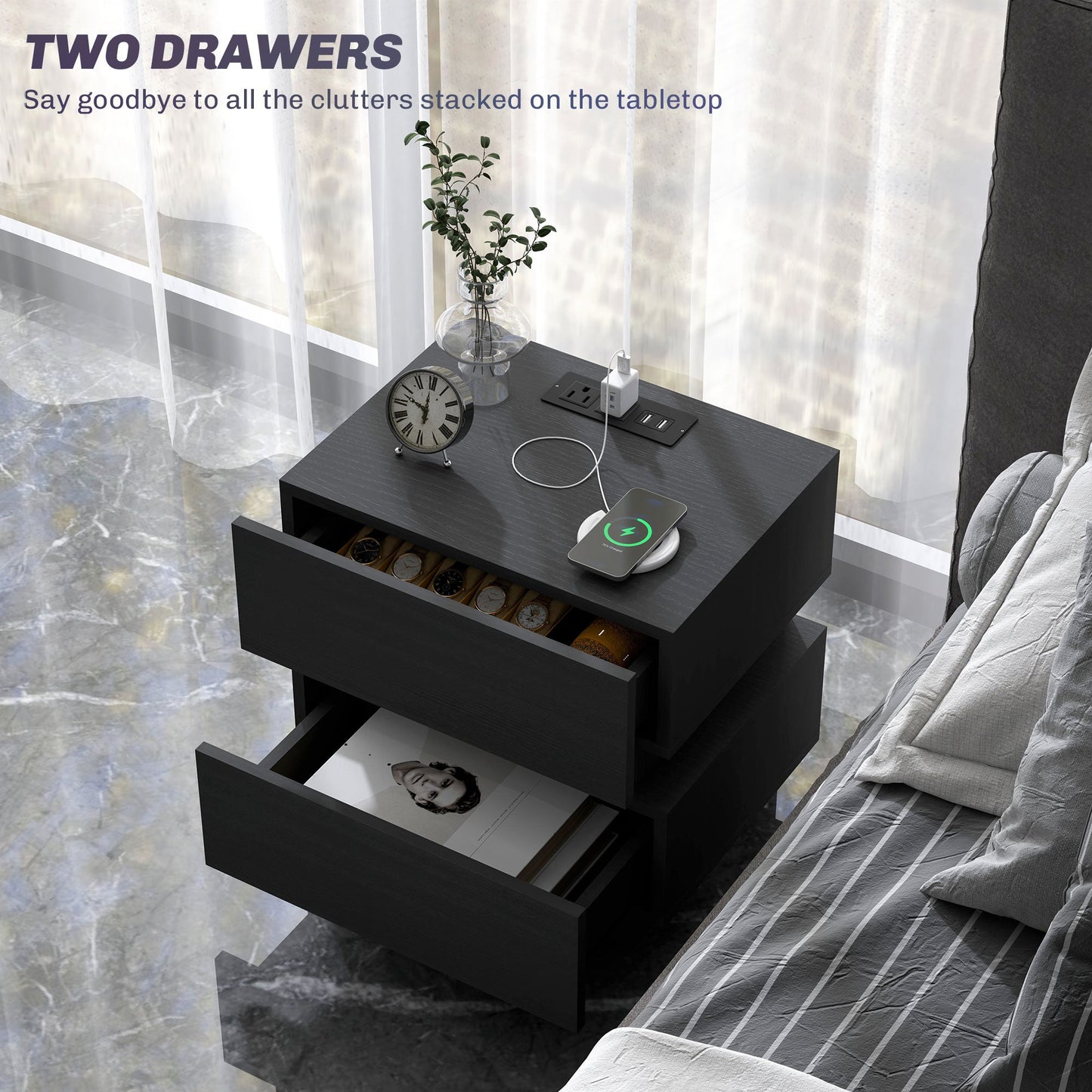 Emma Bedside Table with Charging Station, USB Ports and LED Light-Black