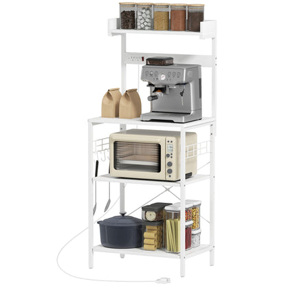 Kitchen Baker's Rack with Power Outlet, Coffee Bar Station with Adjustable Shelves and Hooks, Distressed Grey