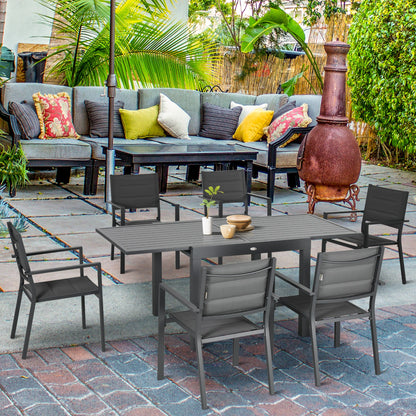 Patio Dining Set for 6, Aluminum Expandable Outdoor Table and 6 Stackable Chairs with Padded Back, Mesh Seat, Black