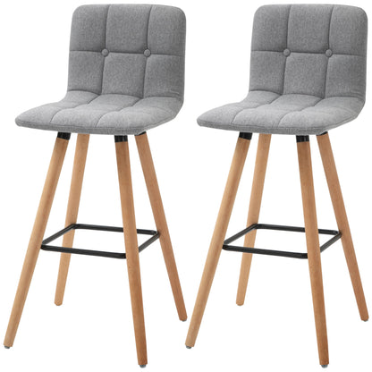 Modern Bar Stools Set of 2, 38" Upholstered Kitchen Island Stool with Solid Wood Legs, Grey